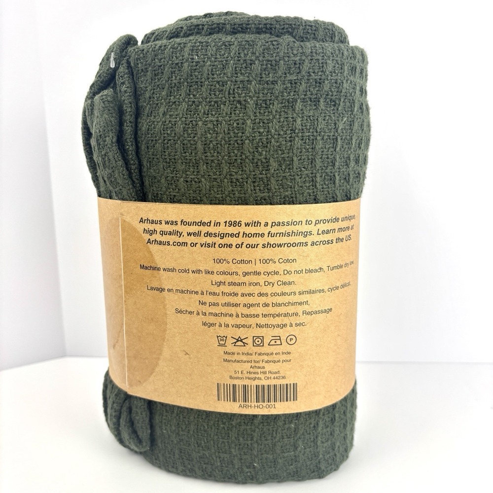 ARHAUS Waffle Knit Throw Blanket Dark Green 100% Cotton NEW 50 X 60 - Picture 3 of 4